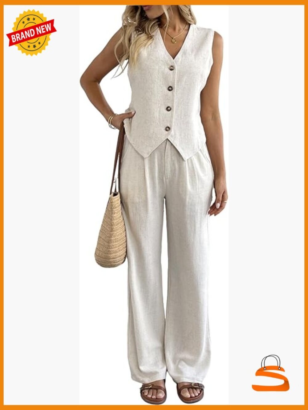 Linen 2 Piece Set - Vest Crop Top & Wide Leg Pants - Business Casual Travel